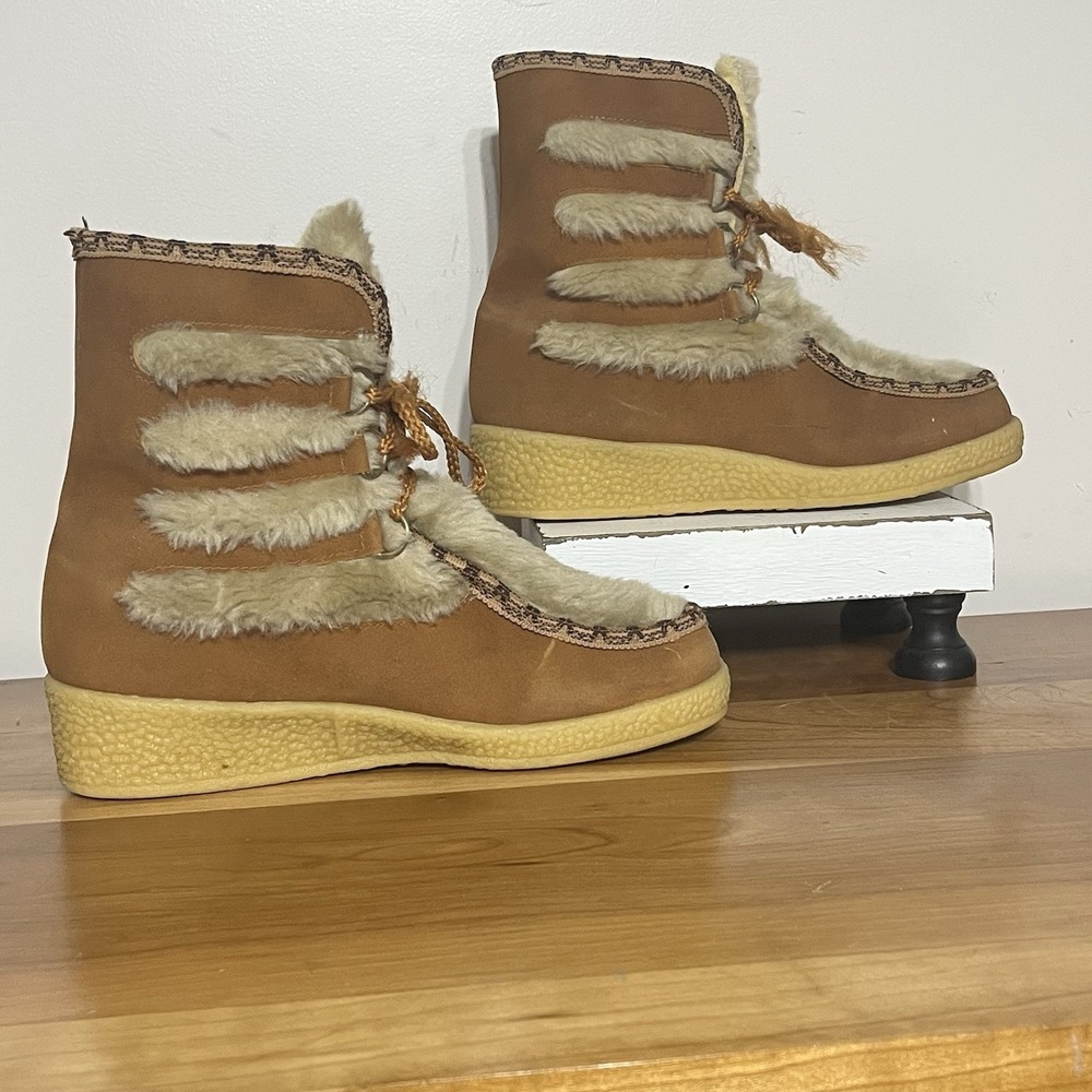 Vintage 70s Snowland Faux Fur Boots Size 8 Sherpa Lined Lace Up Retro Winter‎